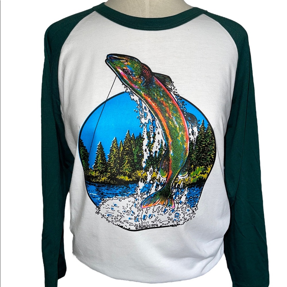 1974 Vintage Roach Deadstock Neon Fish Splash Raglan Tee | Size Large